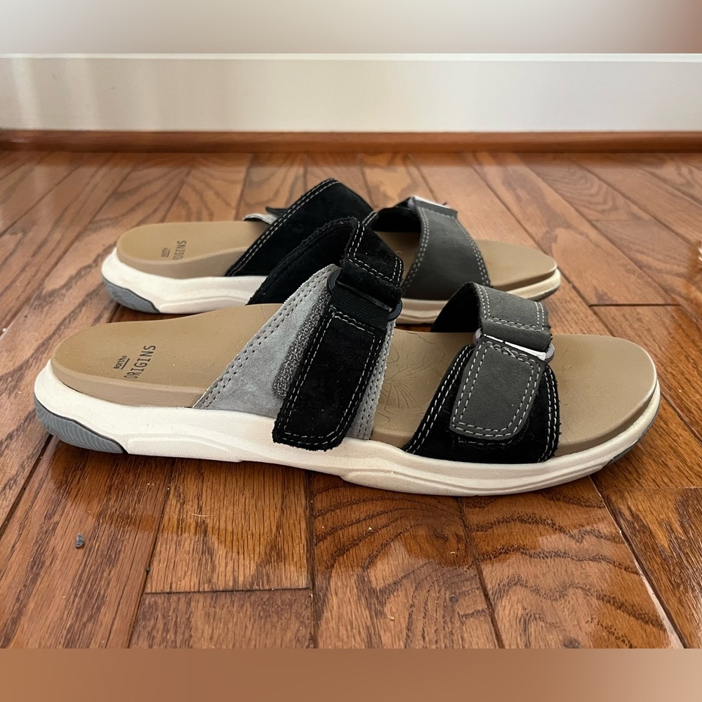 Black and Gray Comfort Sandals With Adjustable Velcro Straps